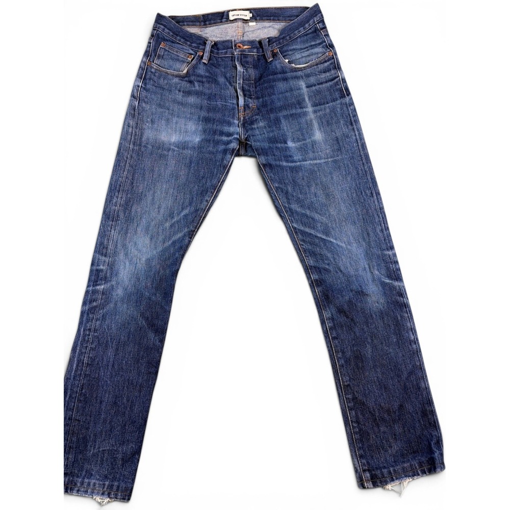 Taylor Stitch Slim Fit Denim Jeans Mens 32 Blue Button Fly Distressed Faded